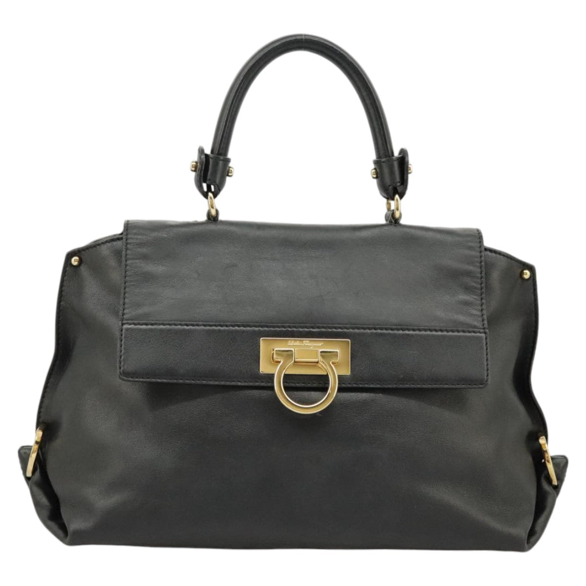 Salvatore Ferragamo Gancini Sofia Hand Bag Leather 2way Black Gold Auth 100172