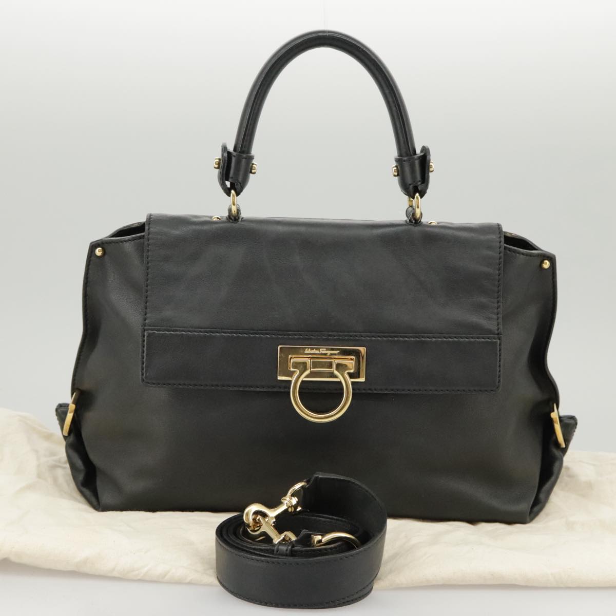 Salvatore Ferragamo Gancini Sofia Hand Bag Leather 2way Black Gold Auth 100172