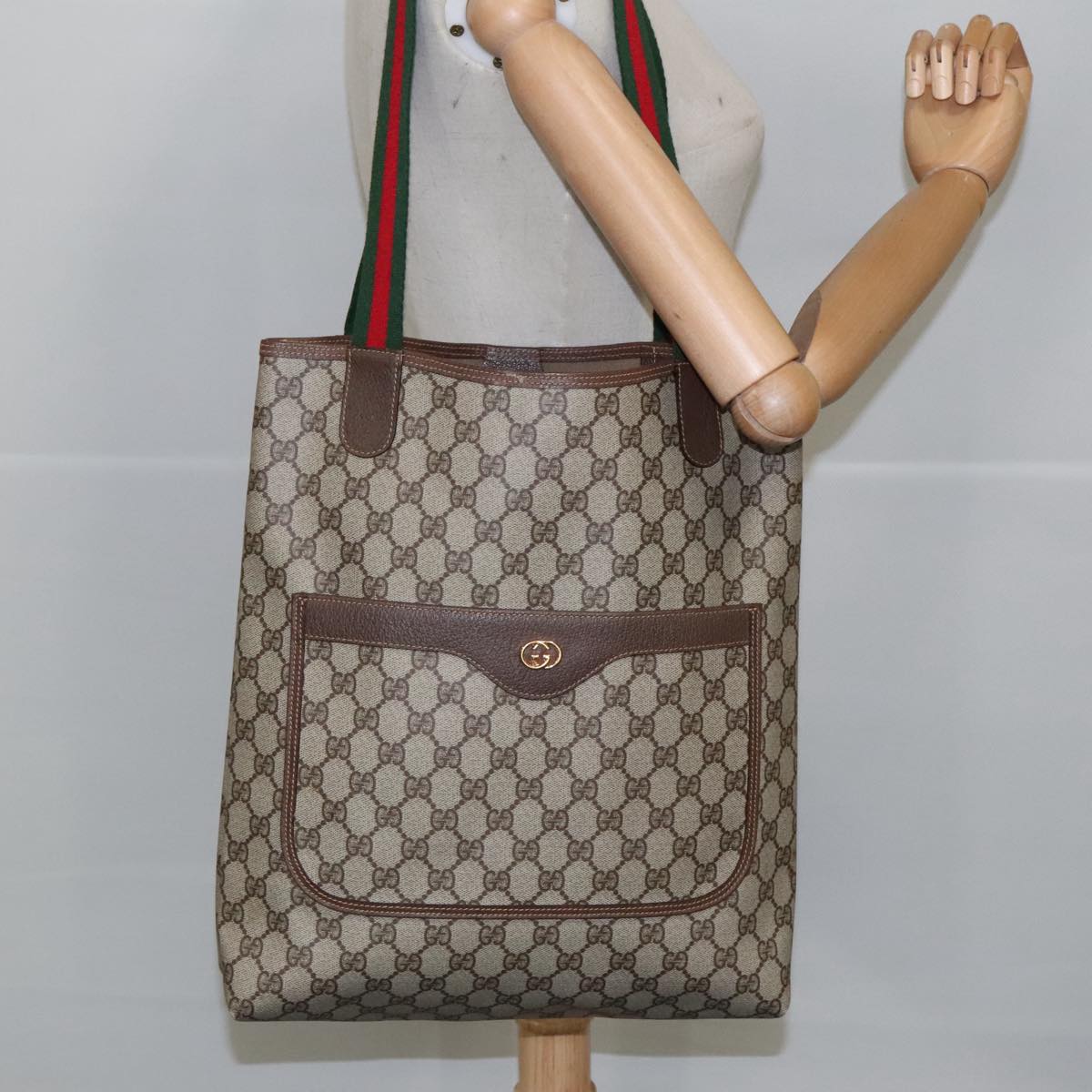 GUCCI GG Supreme Web Sherry Line Tote Bag PVC Beige Red 002 123 Auth 100184