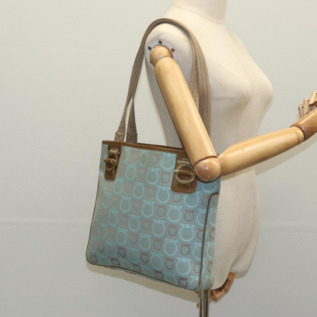 Salvatore Ferragamo Shoulder Bag Canvas Light Blue Auth 100204