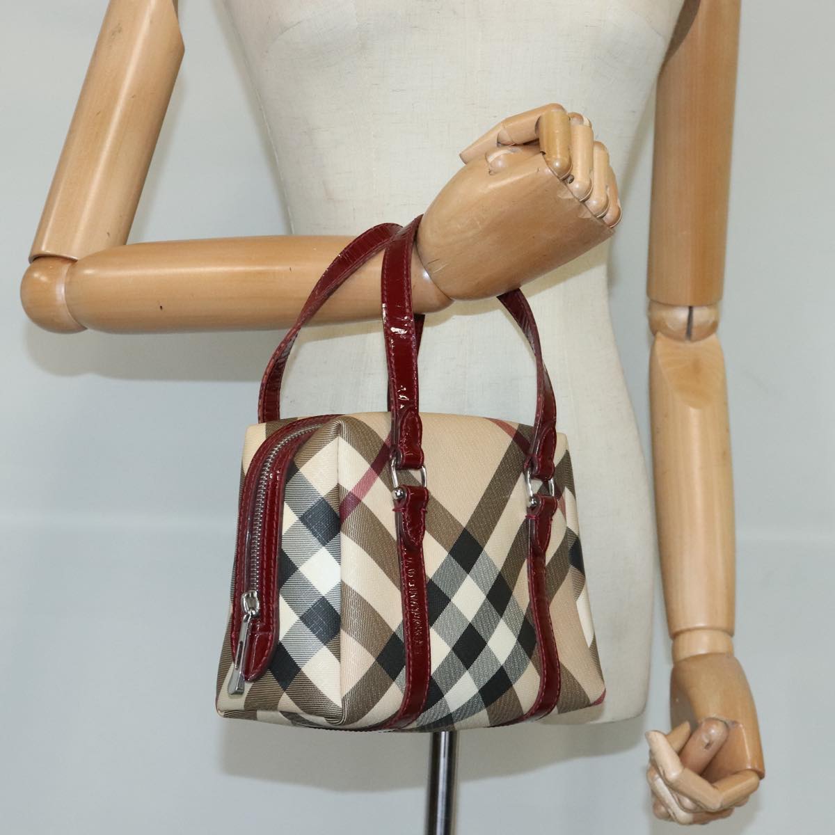 BURBERRY Nova Check Hand Bag PVC Beige Red Auth 100225