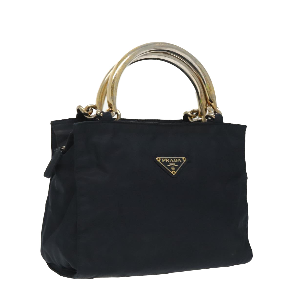 PRADA Hand Bag Nylon Navy Gold Auth 100228