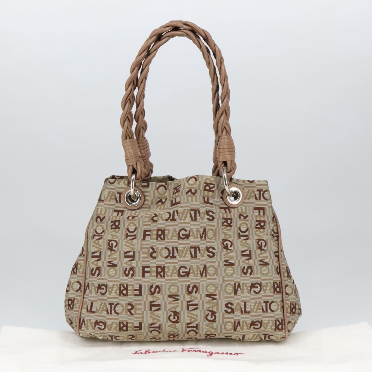 Salvatore Ferragamo Hand Bag Canvas Beige Auth 100237