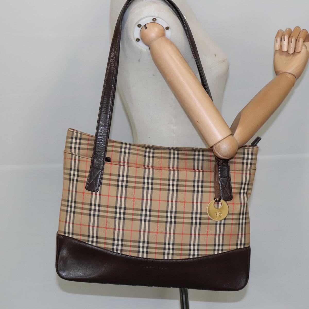 BURBERRY Nova Check Tote Bag Canvas Leather Beige Brown gold Auth 100239