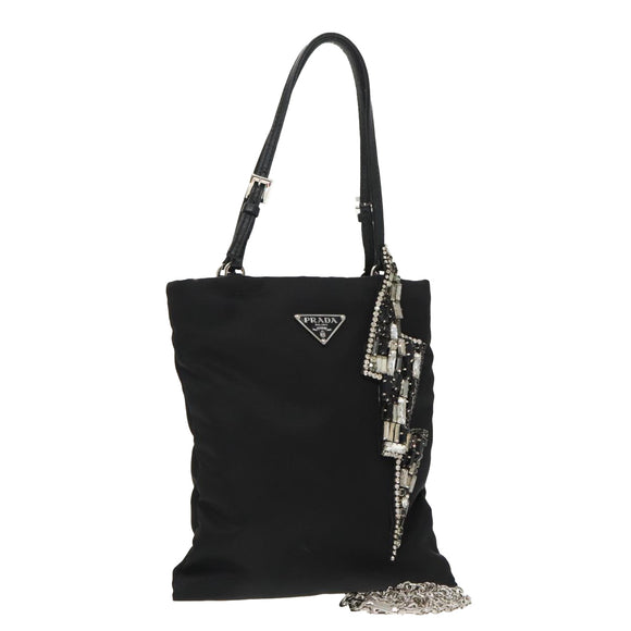 PRADA Chain Shoulder Bag Nylon Black Silver Auth 100262AV