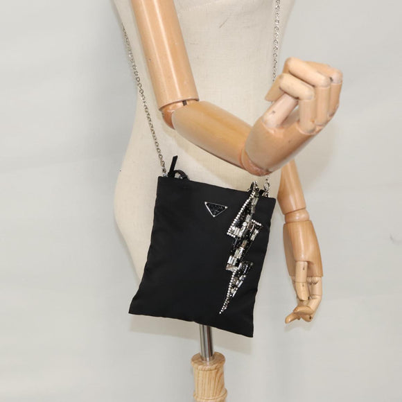 PRADA Chain Shoulder Bag Nylon Black Silver Auth 100262AV