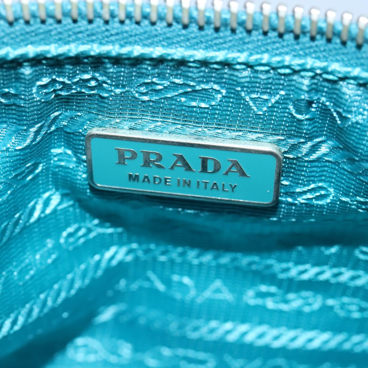 PRADA Accessory Pouch Nylon Turquoise Blue Silver Auth 100270