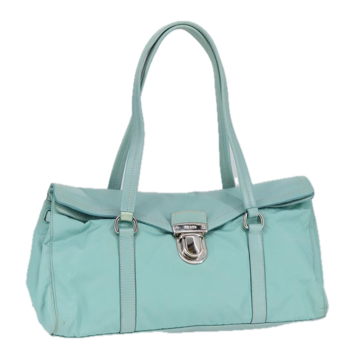 PRADA Shoulder Bag Nylon Leather Light Blue Silver Auth 100271