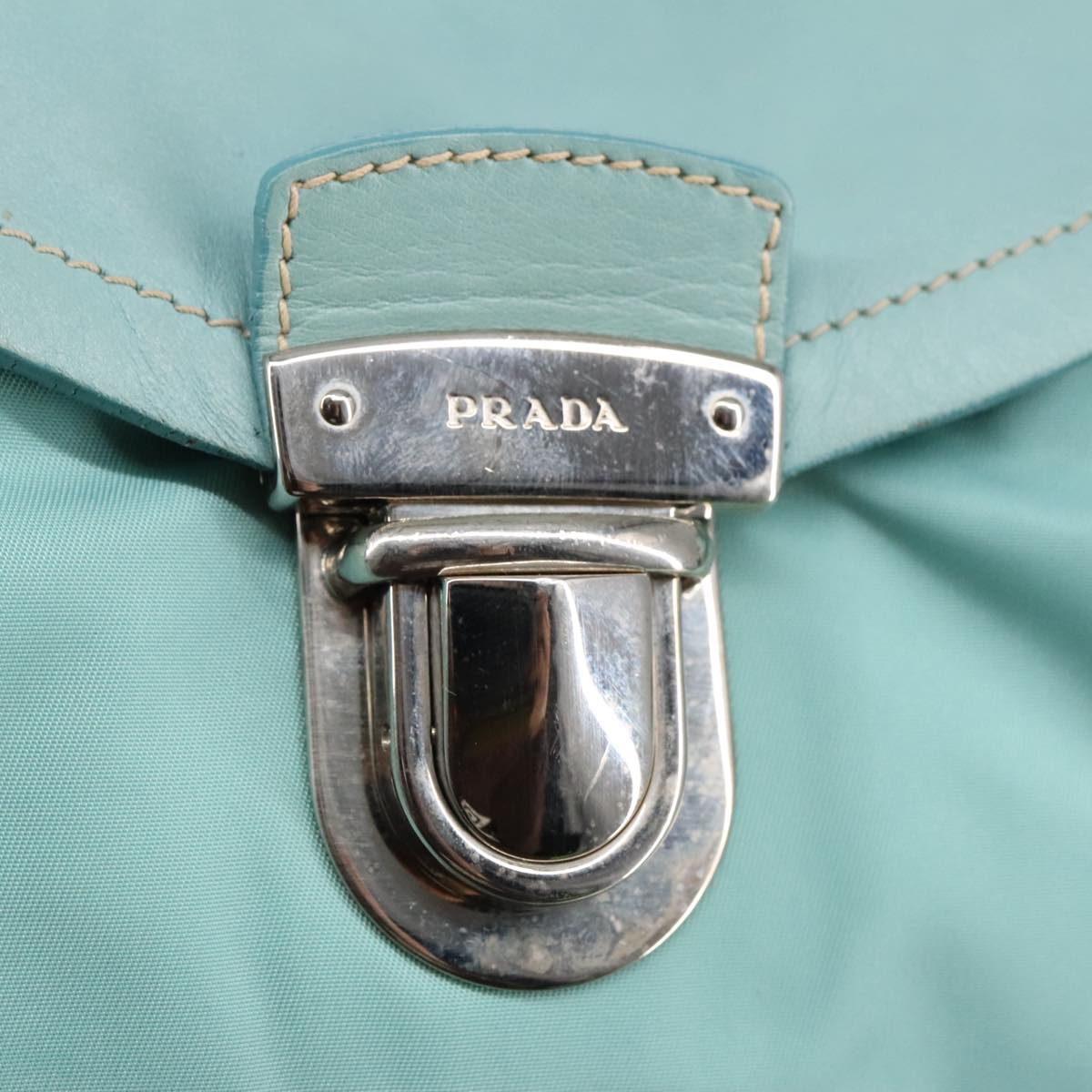 PRADA Shoulder Bag Nylon Leather Light Blue Silver Auth 100271