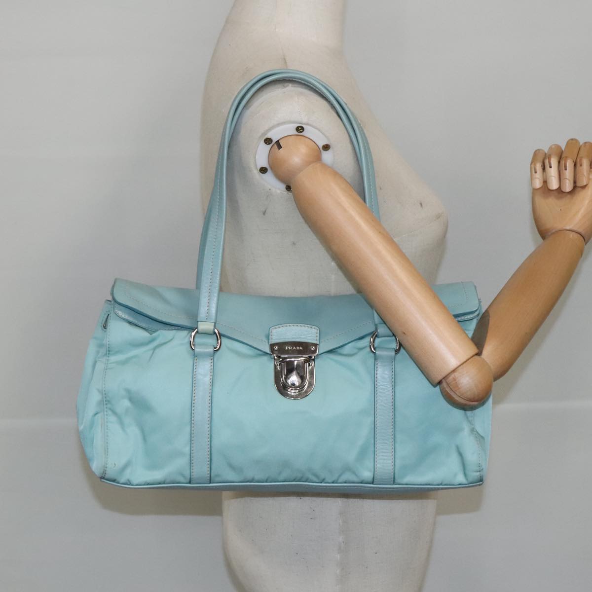 PRADA Shoulder Bag Nylon Leather Light Blue Silver Auth 100271