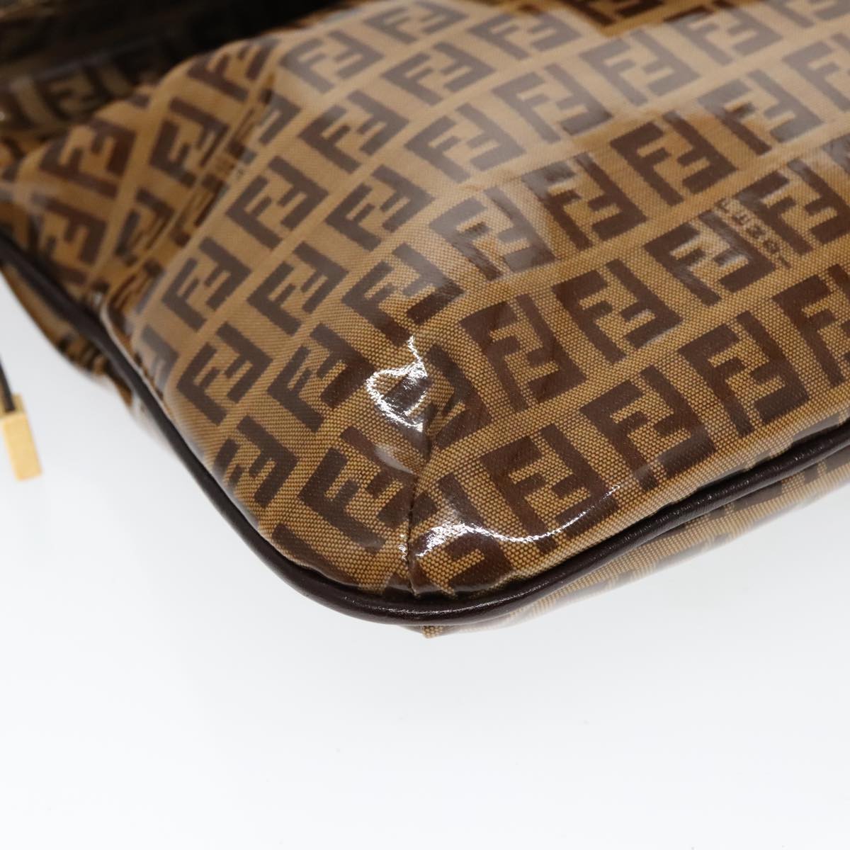 FENDI Zucchino Canvas Mamma Baguette Shoulder Bag Enamel Brown Gold Auth 100279