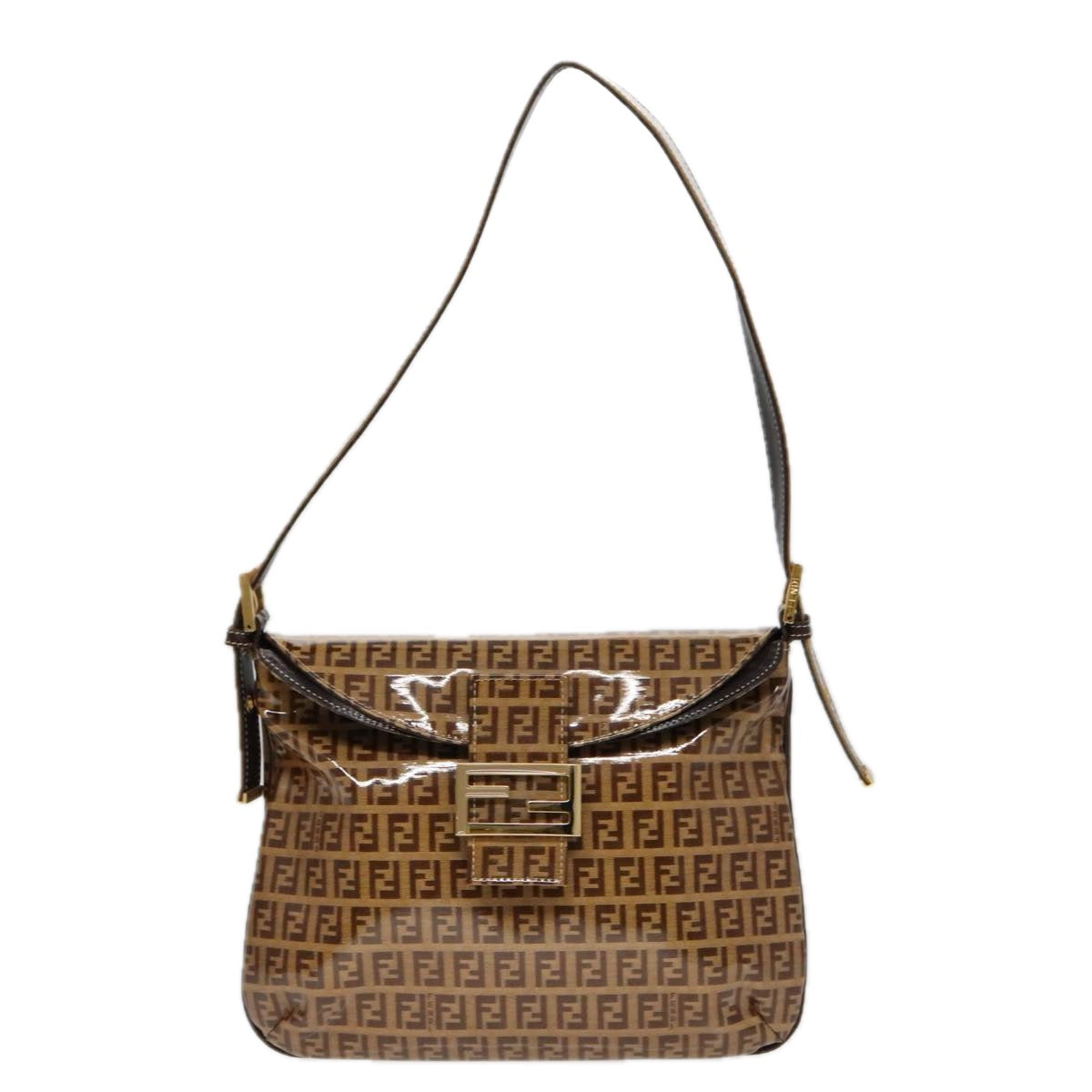 FENDI Zucchino Canvas Mamma Baguette Shoulder Bag Enamel Brown Gold Auth 100279