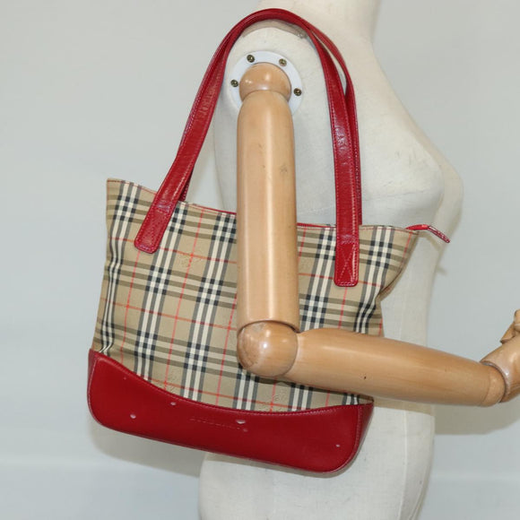 BURBERRY Nova Check Tote Bag Canvas Leather Beige Red Auth 100281
