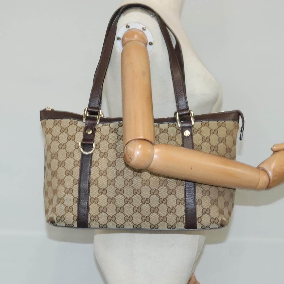 GUCCI GG Canvas Tote Bag Beige Gold 141470 Auth 100283