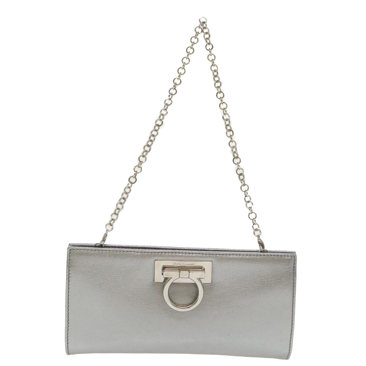 Salvatore Ferragamo Gancini Chain Shoulder Bag Leather Silver Auth 100290