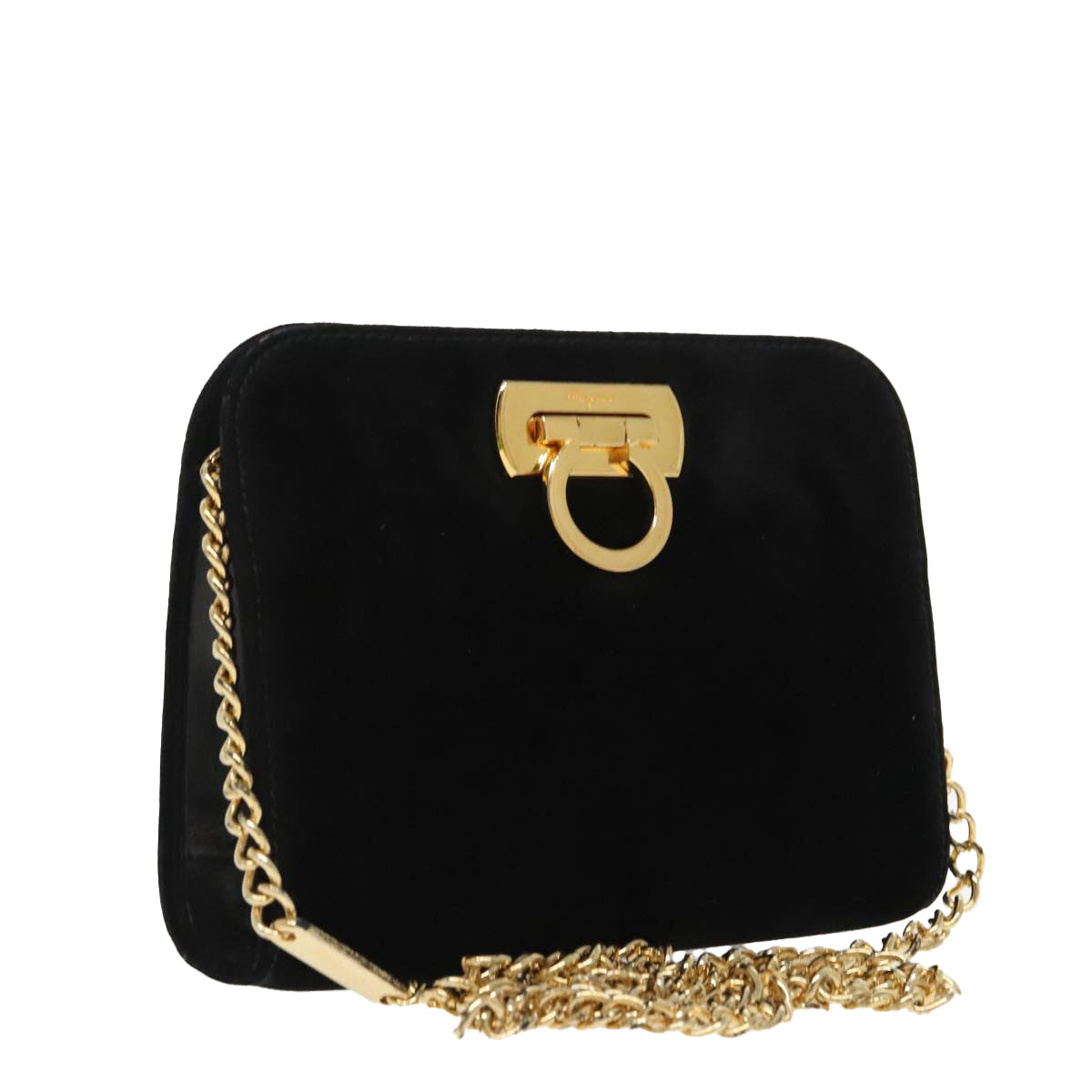 Salvatore Ferragamo Gancini Chain Shoulder Bag Suede Black Gold Auth 100302