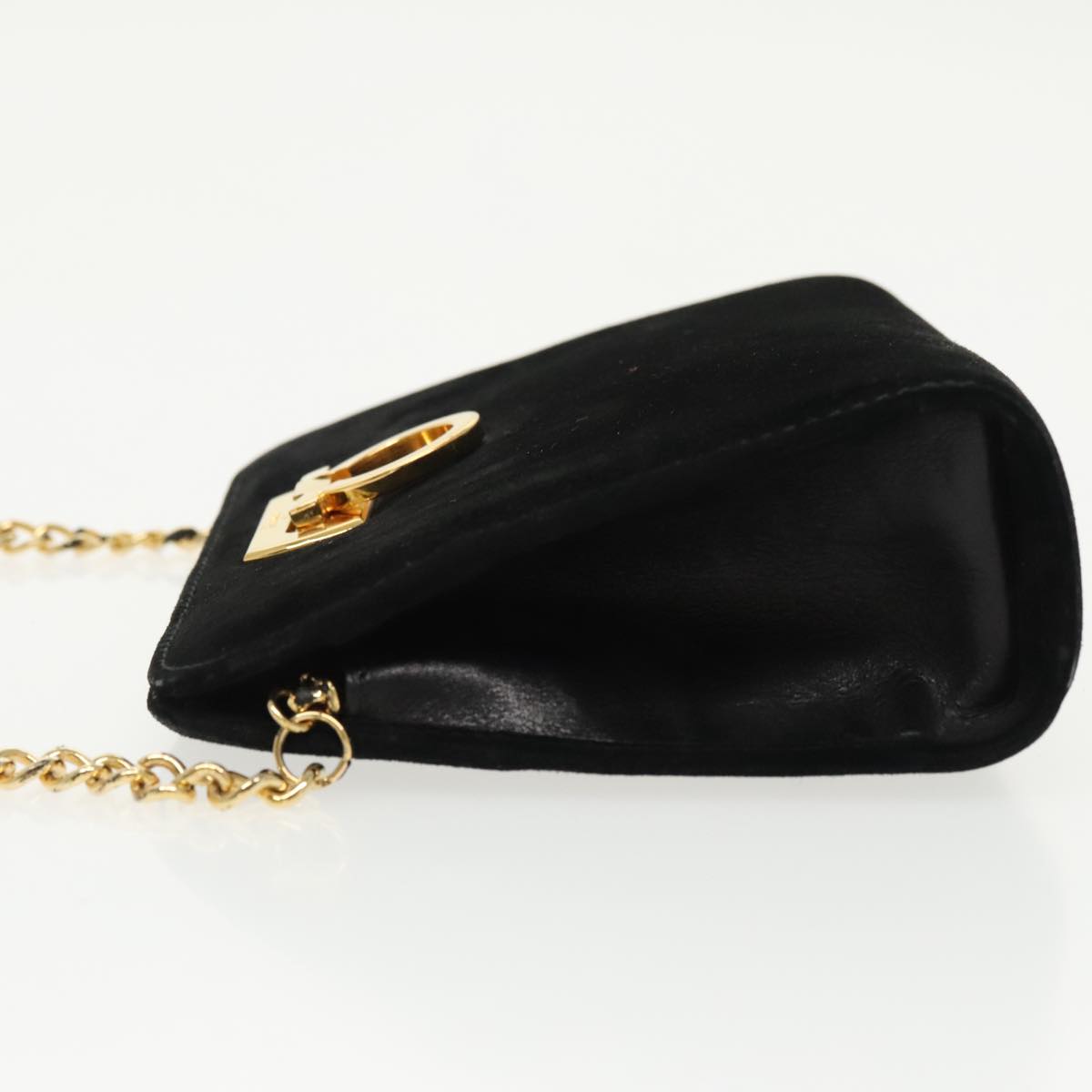 Salvatore Ferragamo Gancini Chain Shoulder Bag Suede Black Gold Auth 100302