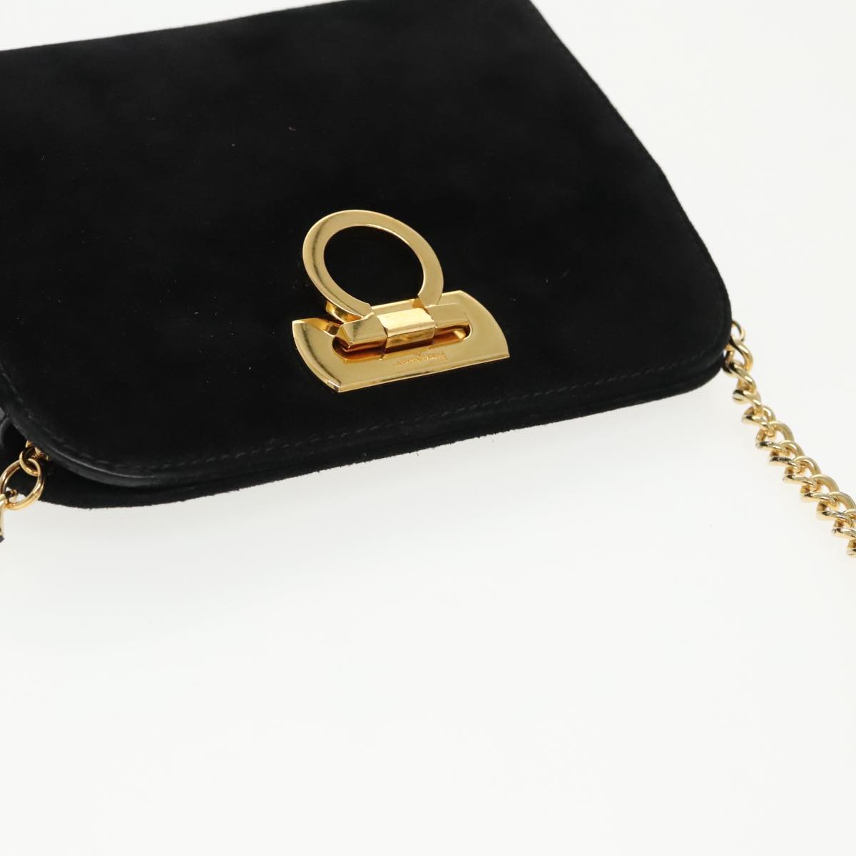 Salvatore Ferragamo Gancini Chain Shoulder Bag Suede Black Gold Auth 100302