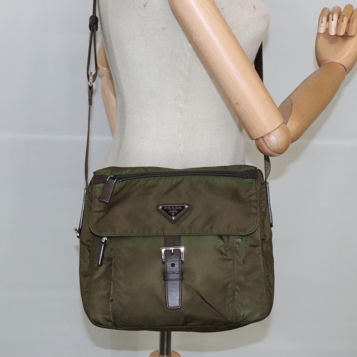 PRADA Shoulder Bag Nylon Khaki Silver Auth 100310