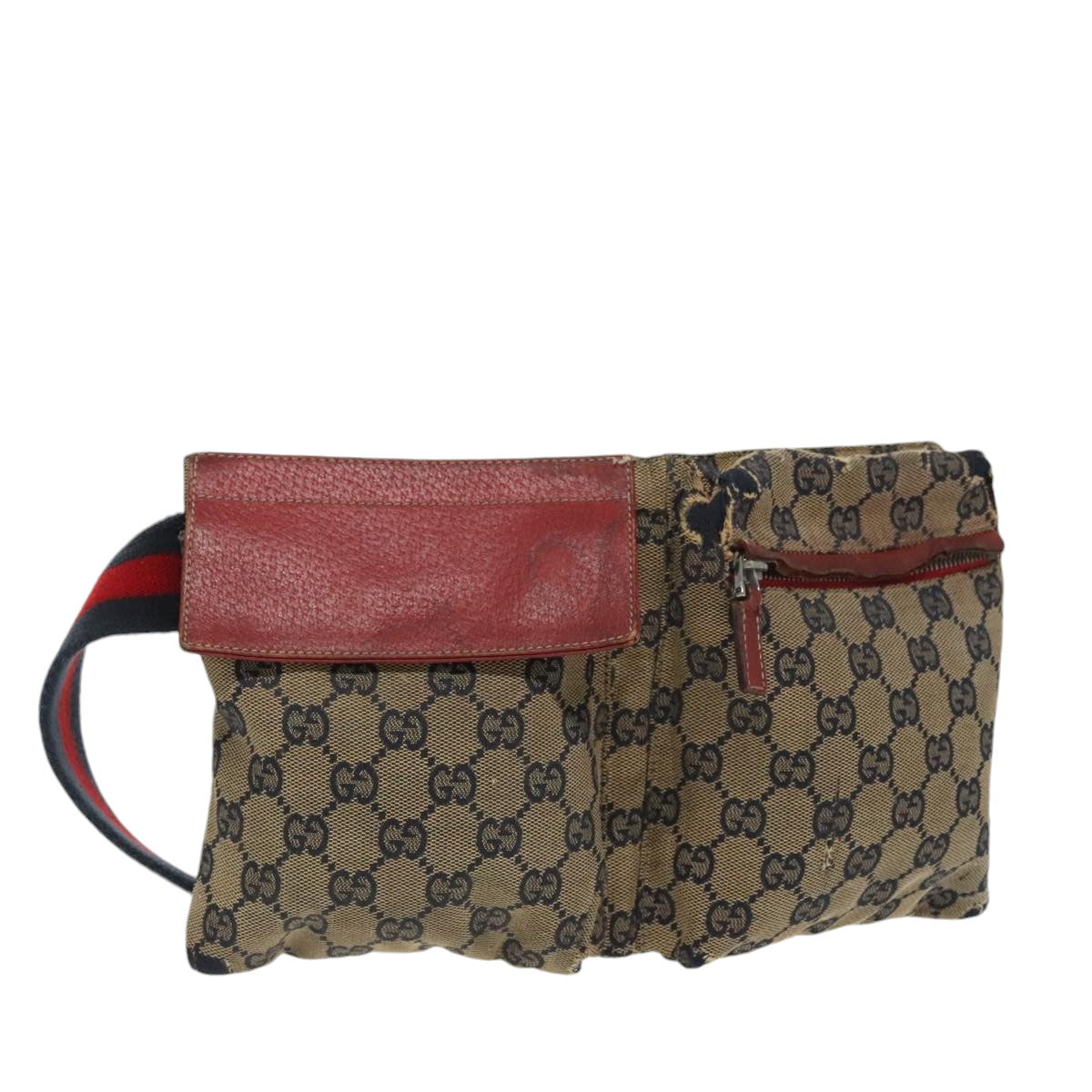 GUCCI GG Canvas Sherry Line Waist bag Red Navy Silver 28566 Auth 100313