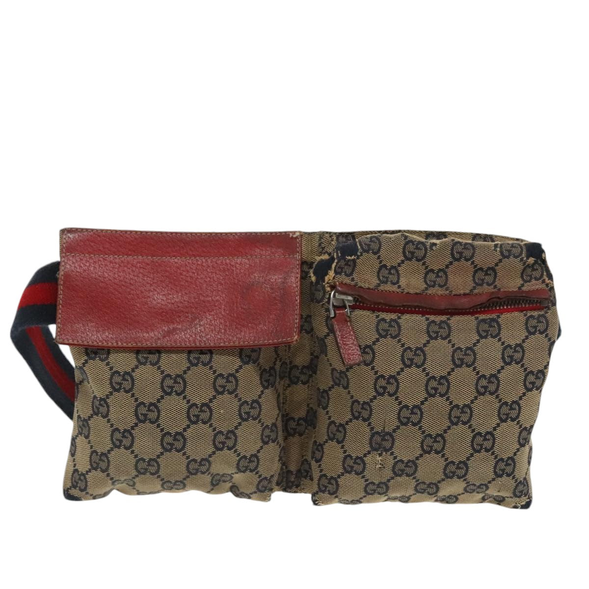 GUCCI GG Canvas Sherry Line Waist bag Red Navy Silver 28566 Auth 100313