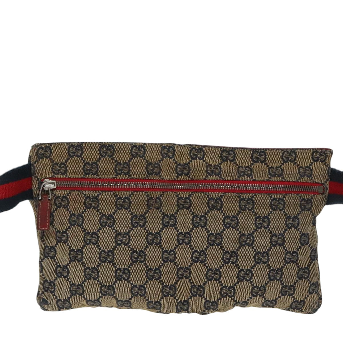 GUCCI GG Canvas Sherry Line Waist bag Red Navy Silver 28566 Auth 100313