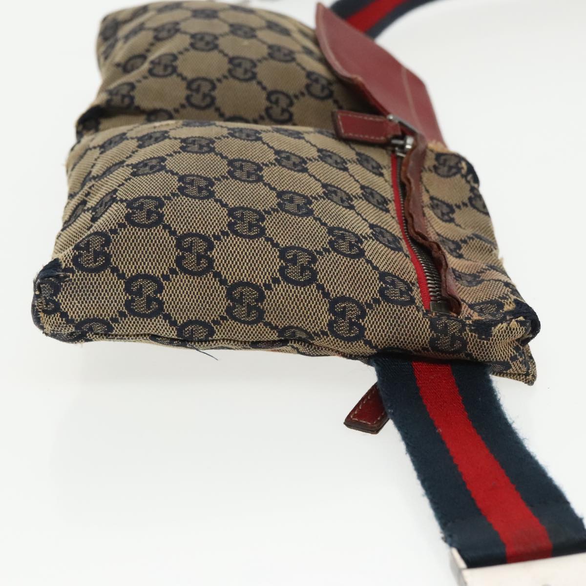 GUCCI GG Canvas Sherry Line Waist bag Red Navy Silver 28566 Auth 100313