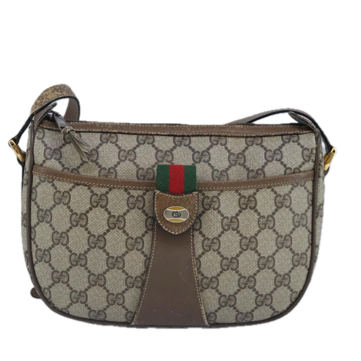 GUCCI GG Supreme Web Sherry Line Shoulder Bag PVC Beige Gold Auth 100314