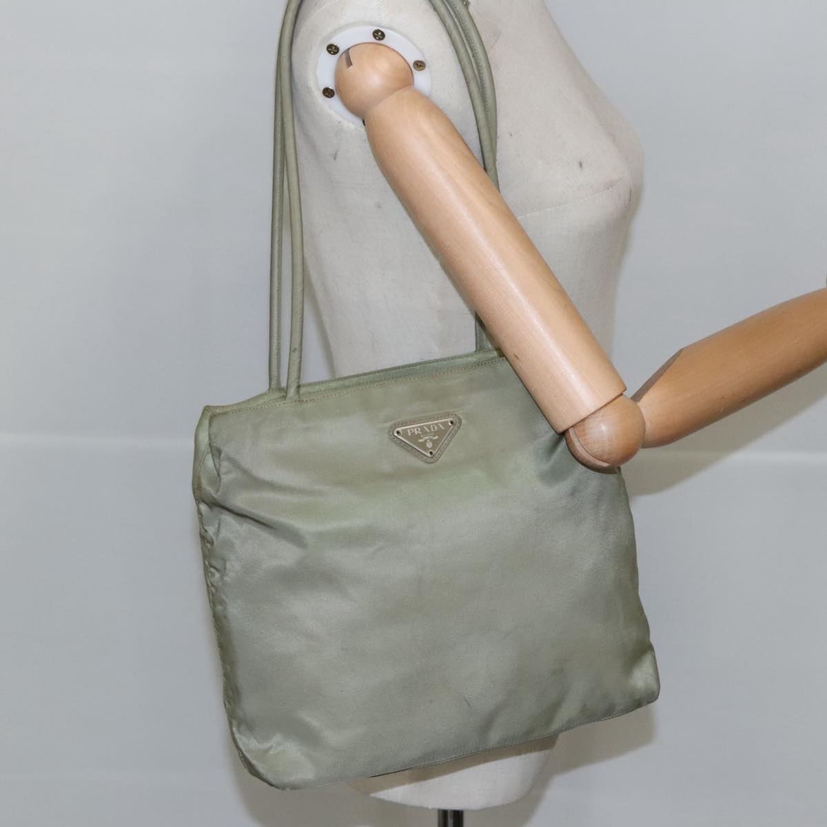 PRADA Tote Bag Nylon Khaki Silver Auth 100344