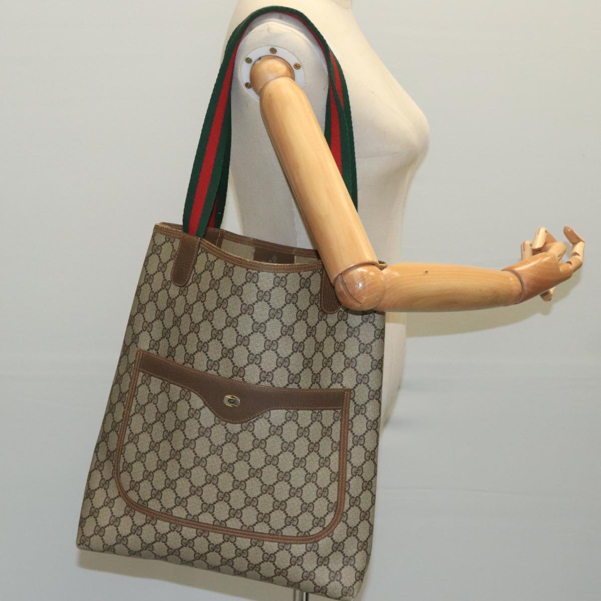 GUCCI GG Supreme Web Sherry Line Tote Bag PVC Beige Red 40 02 003 Auth 100347