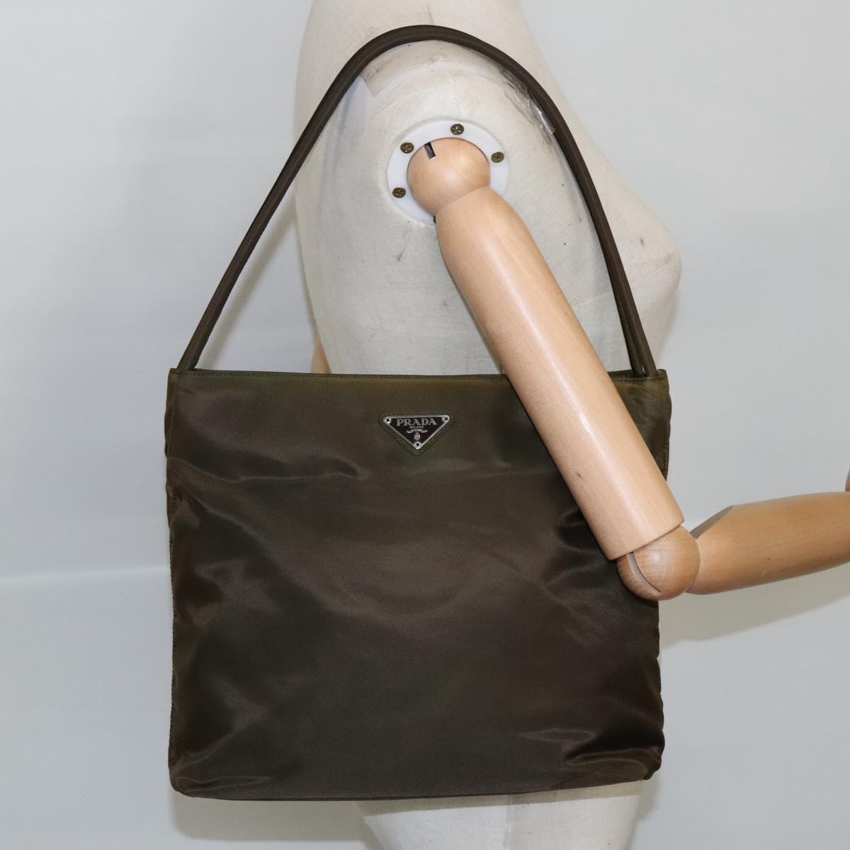 PRADA Tote Bag Nylon Khaki Silver Auth 100370