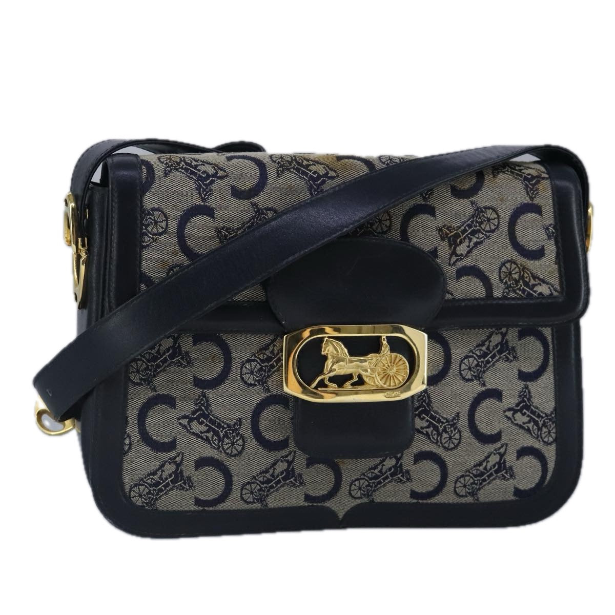 CELINE C Sulky Shoulder Bag Canvas Leather Navy Gold Auth 100373