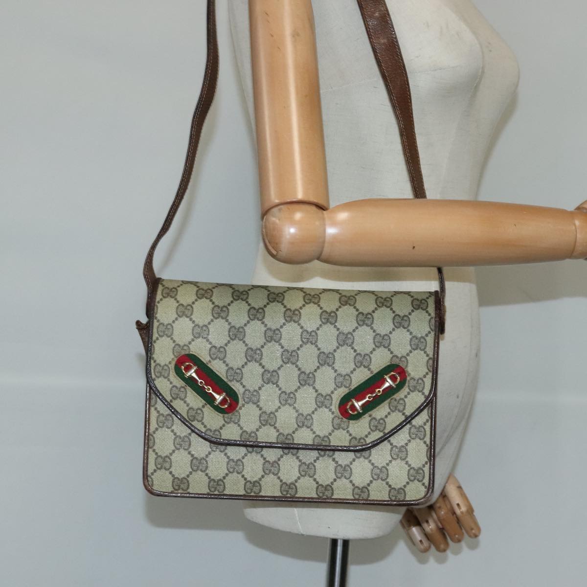 GUCCI GG Supreme Web Sherry Line Shoulder Bag PVC Leather Beige Gold Auth 100377