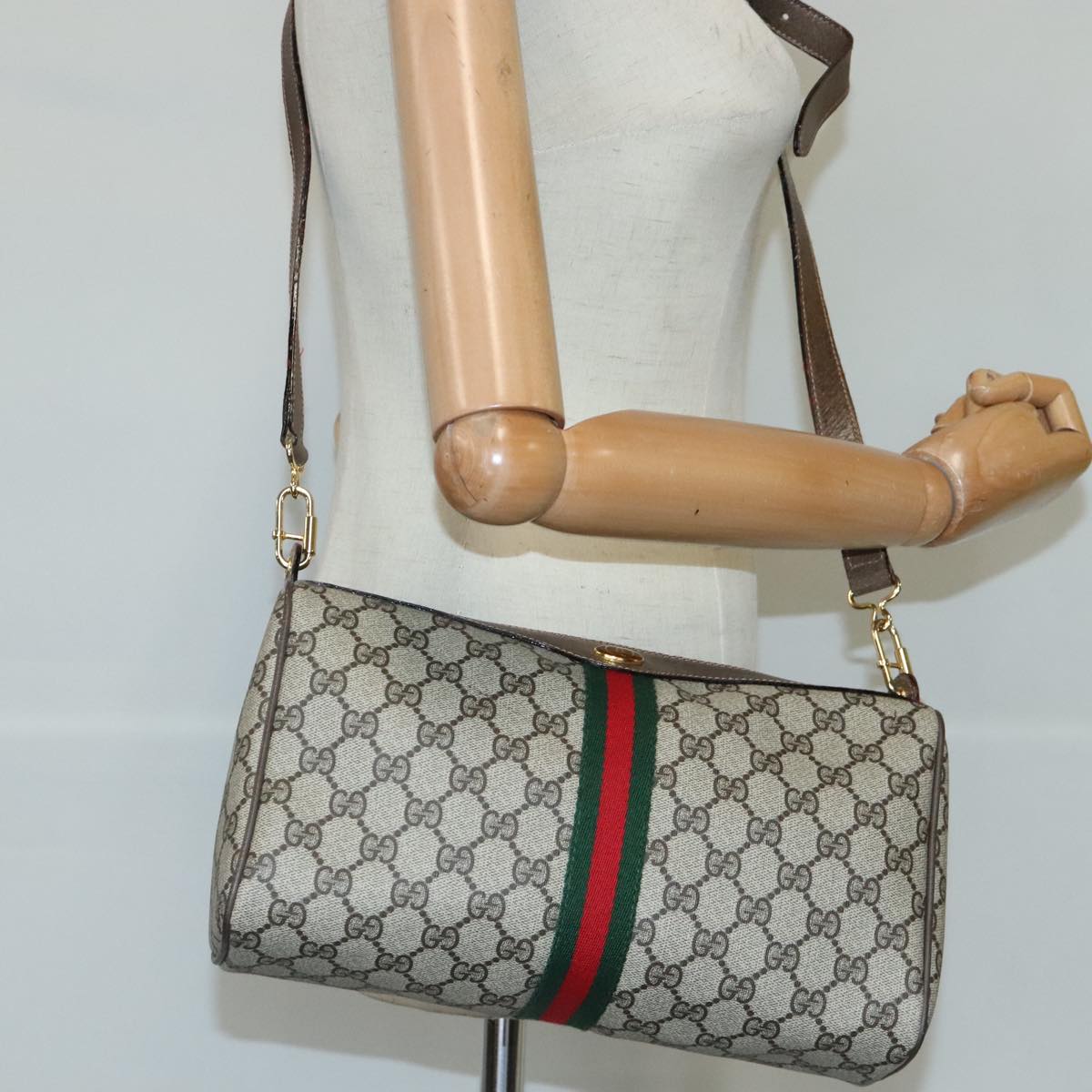 GUCCI GG Supreme Web Sherry Line Shoulder Bag PVC Beige Gold Auth 100378