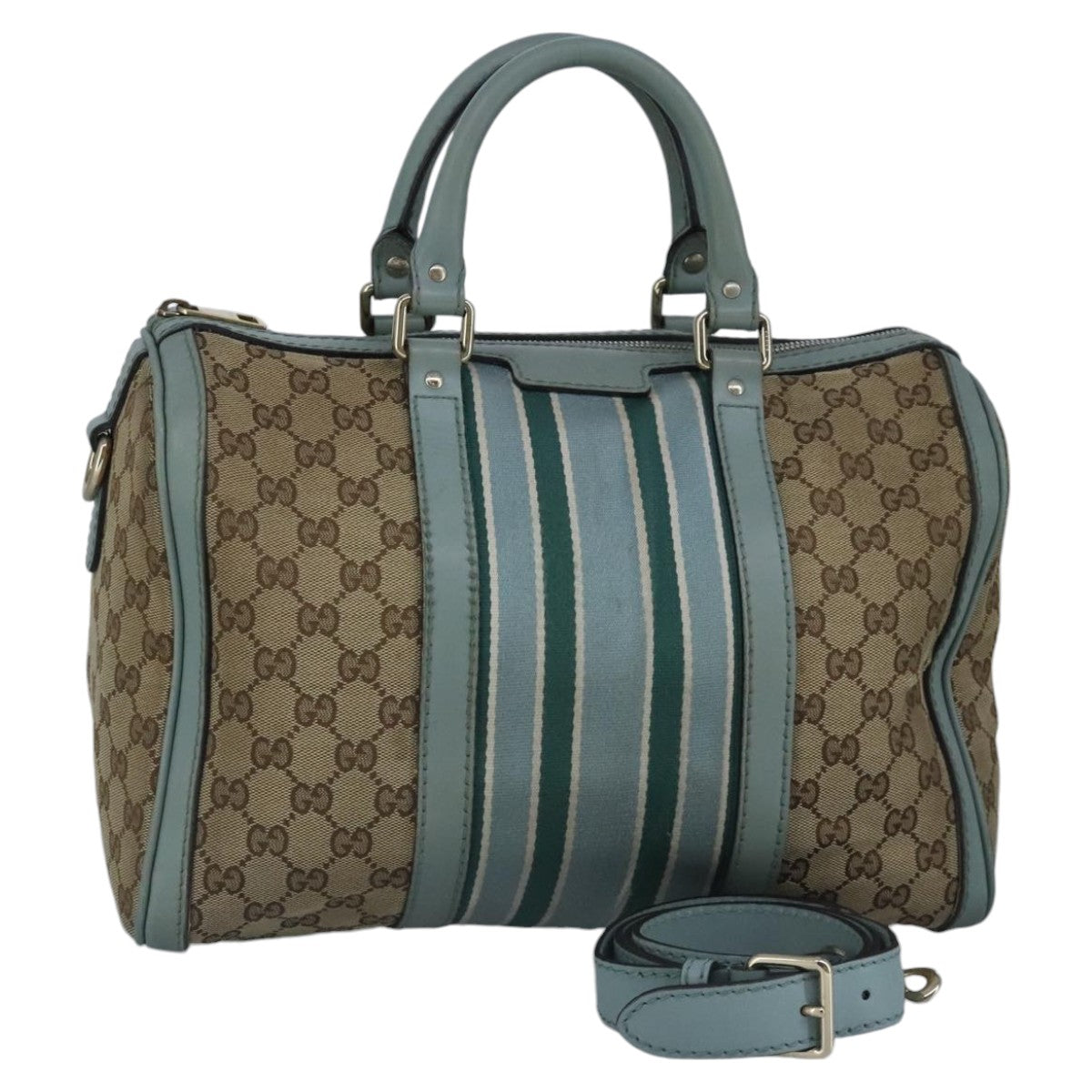 GUCCI GG Canvas Boston Bag 2way Beige Peppermint Silver 247205 Auth 100379