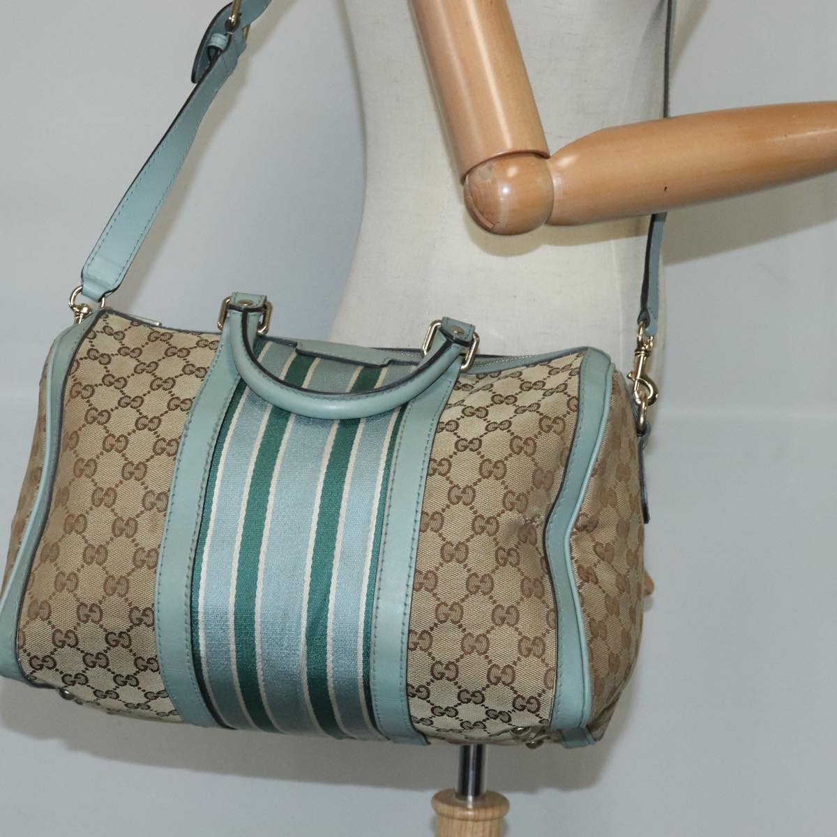 GUCCI GG Canvas Boston Bag 2way Beige Peppermint Silver 247205 Auth 100379