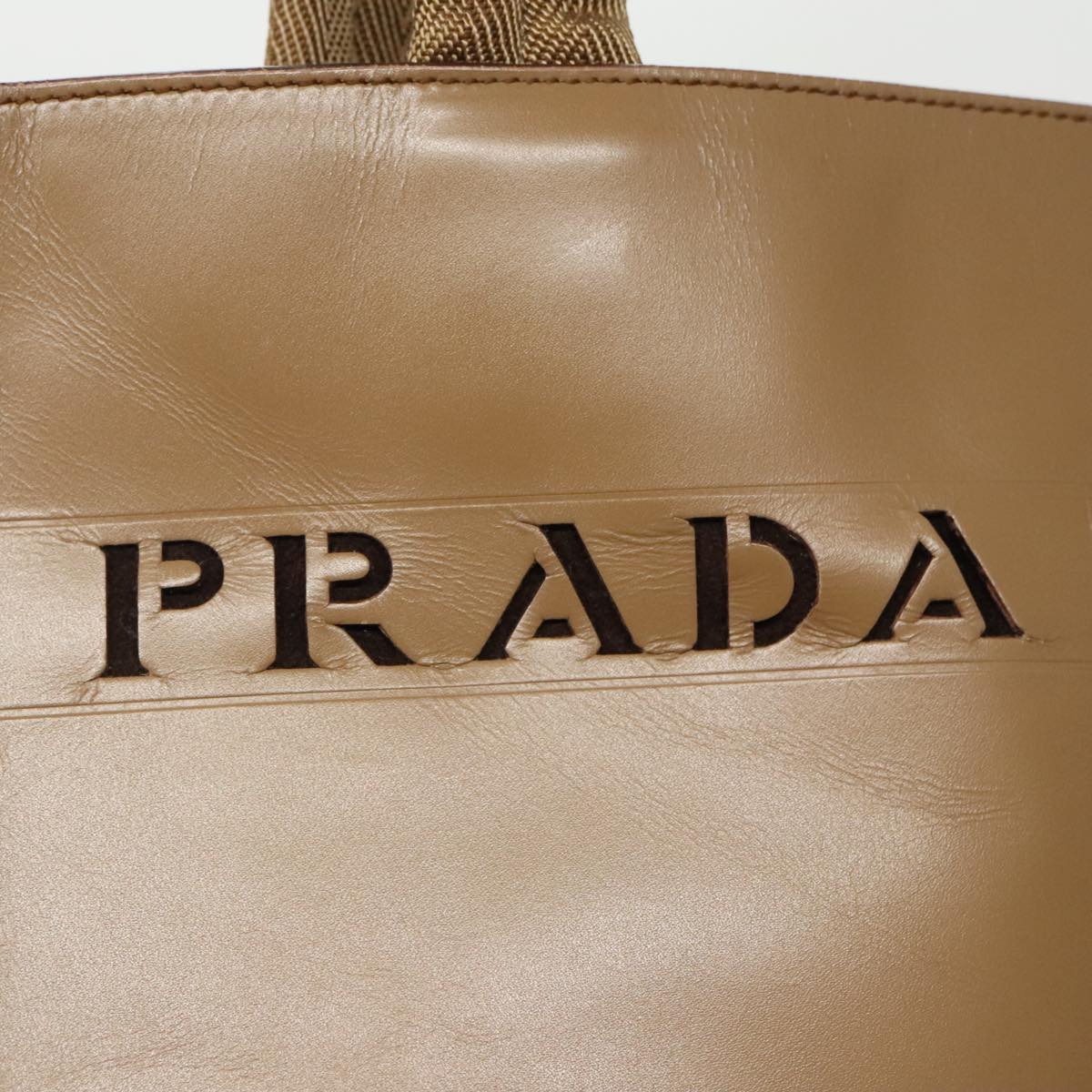 PRADA Tote Bag Leather Beige Silver Auth 100382