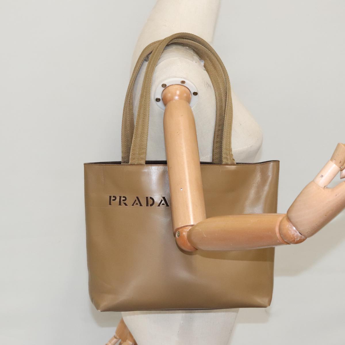 PRADA Tote Bag Leather Beige Silver Auth 100382