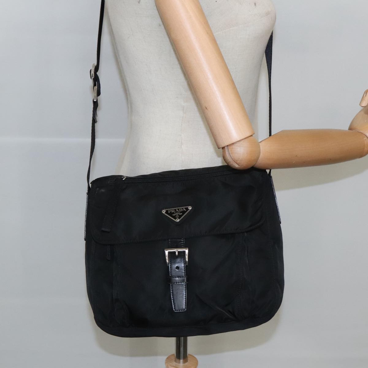 PRADA Shoulder Bag Nylon Black Silver Auth 100387