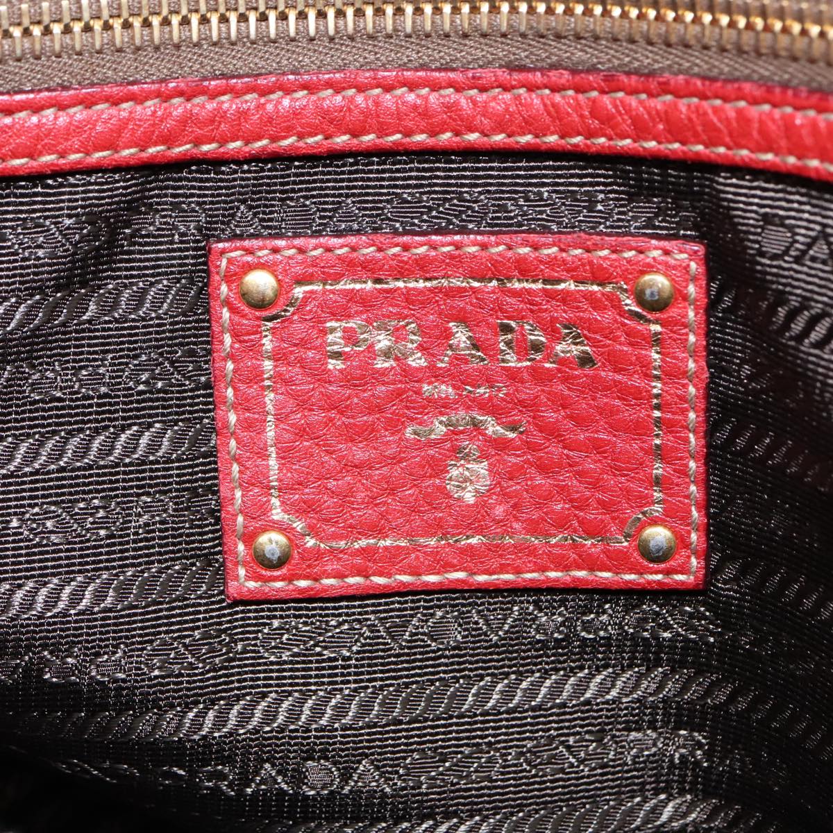 PRADA Tote Bag Leather Red Gold Auth 100391