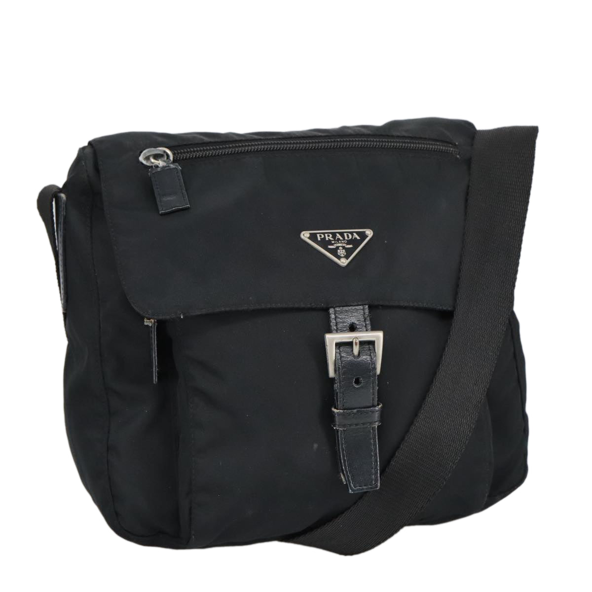 PRADA Shoulder Bag Nylon Black Silver Auth 100416