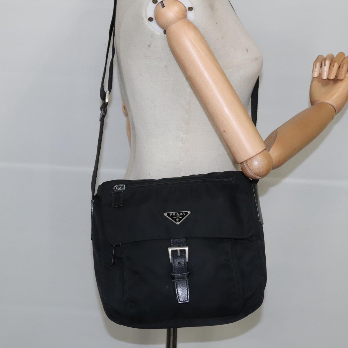 PRADA Shoulder Bag Nylon Black Silver Auth 100416