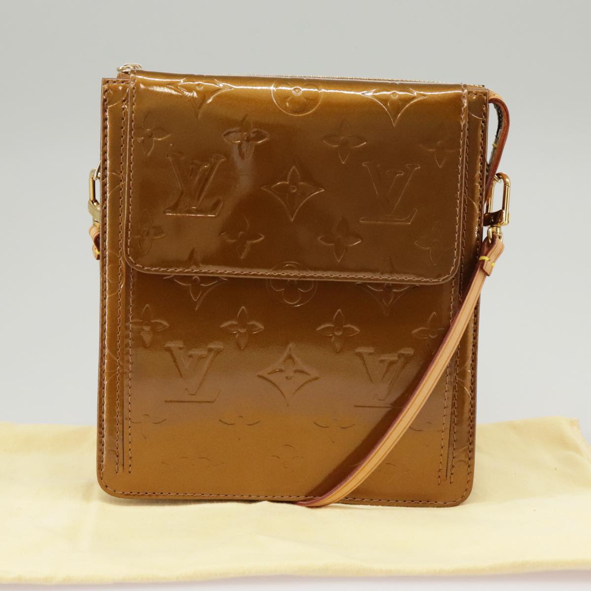 LOUIS VUITTON Monogram Vernis Motto Accessory Pouch Bronze M91138 LV Auth 100480