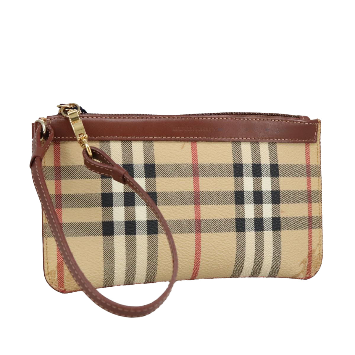 BURBERRY Nova Check Accessory Pouch PVC Beige Gold Auth 100622