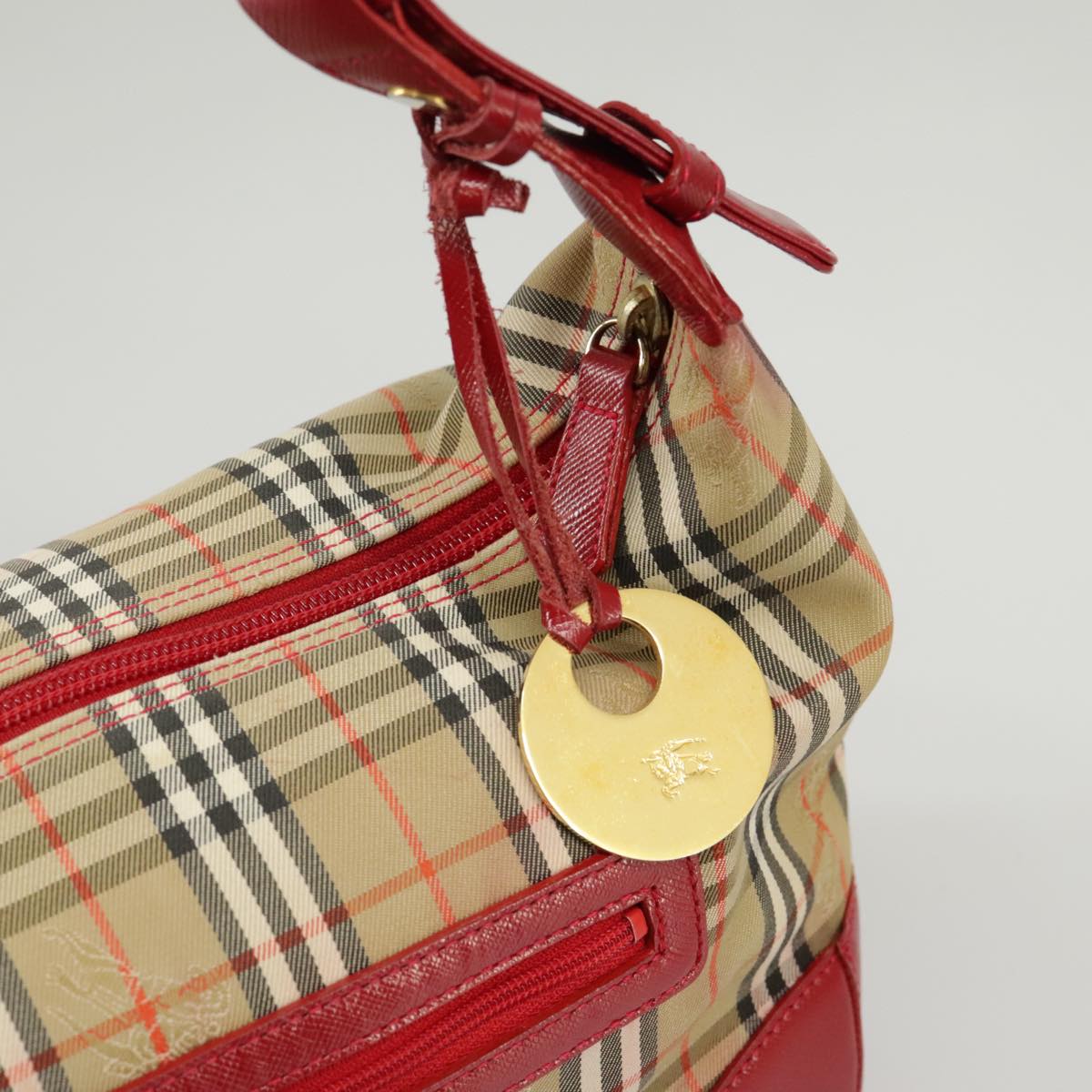 BURBERRY Nova Check Hand Bag Canvas Beige Red Auth 100640