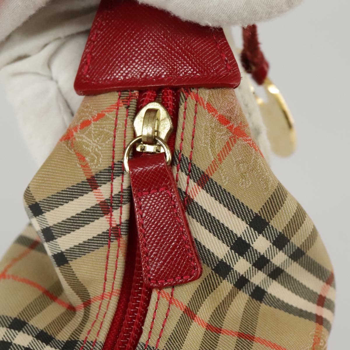 BURBERRY Nova Check Hand Bag Canvas Beige Red Auth 100640