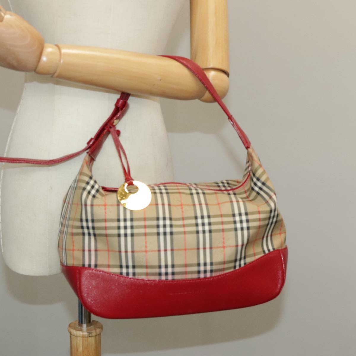 BURBERRY Nova Check Hand Bag Canvas Beige Red Auth 100640