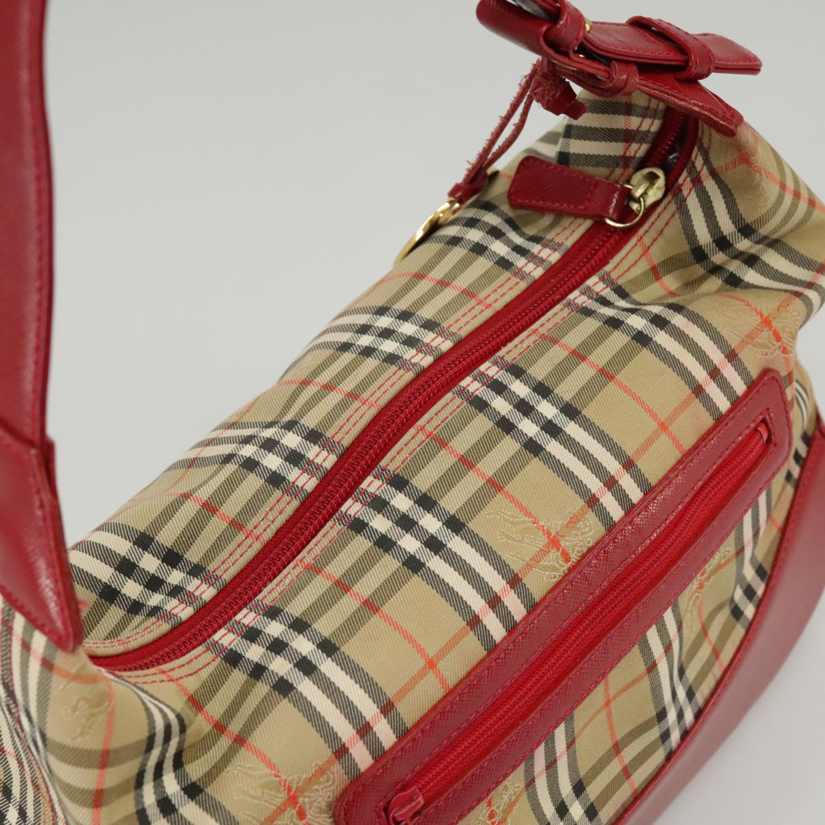 BURBERRY Nova Check Hand Bag Canvas Beige Red Auth 100640