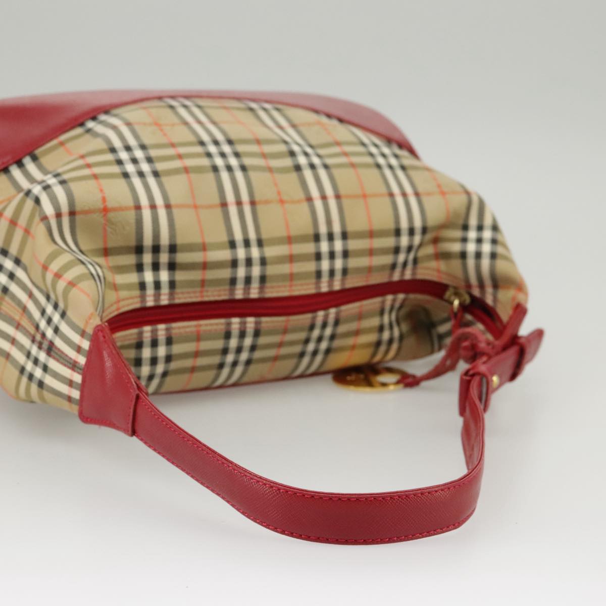 BURBERRY Nova Check Hand Bag Canvas Beige Red Auth 100640