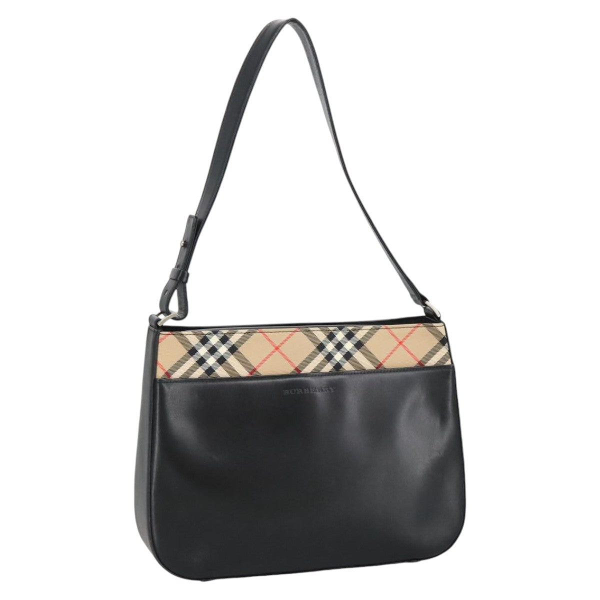 BURBERRY Nova Check Shoulder Bag Leather Black Silver beige Auth 100646